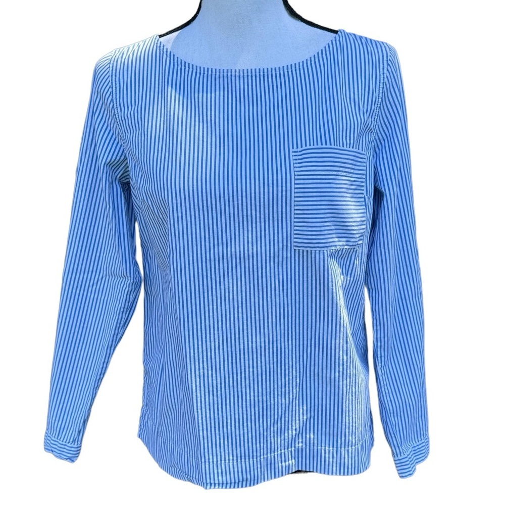 J Crew Factory Popover Top Blue striped Long Sleeve Cotton Blouse Top Size Small